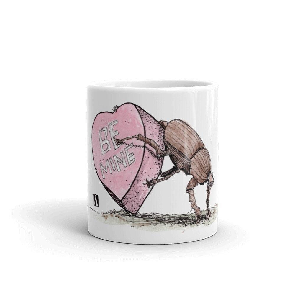 BellavanceInk: Coffee Mug With Pen & Ink Watercolor Sketch Of A Beetle Pushing A Valentines Day Candy Heart - BellavanceInk