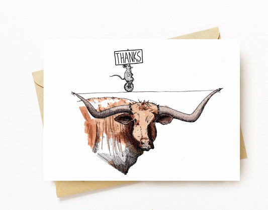 BellavanceInk: Thank You Card With Mouse And Texas Longhorn Steer Graphic 5 x 7 Inches - BellavanceInk