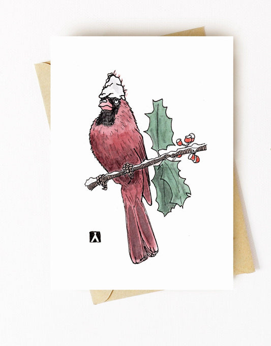 BellavanceInk: Christmas Card With Cardinal With A Dab Of Fallen Snow On His Head Pen & Ink Watercolor Illustration 5 x 7 Inches - BellavanceInk