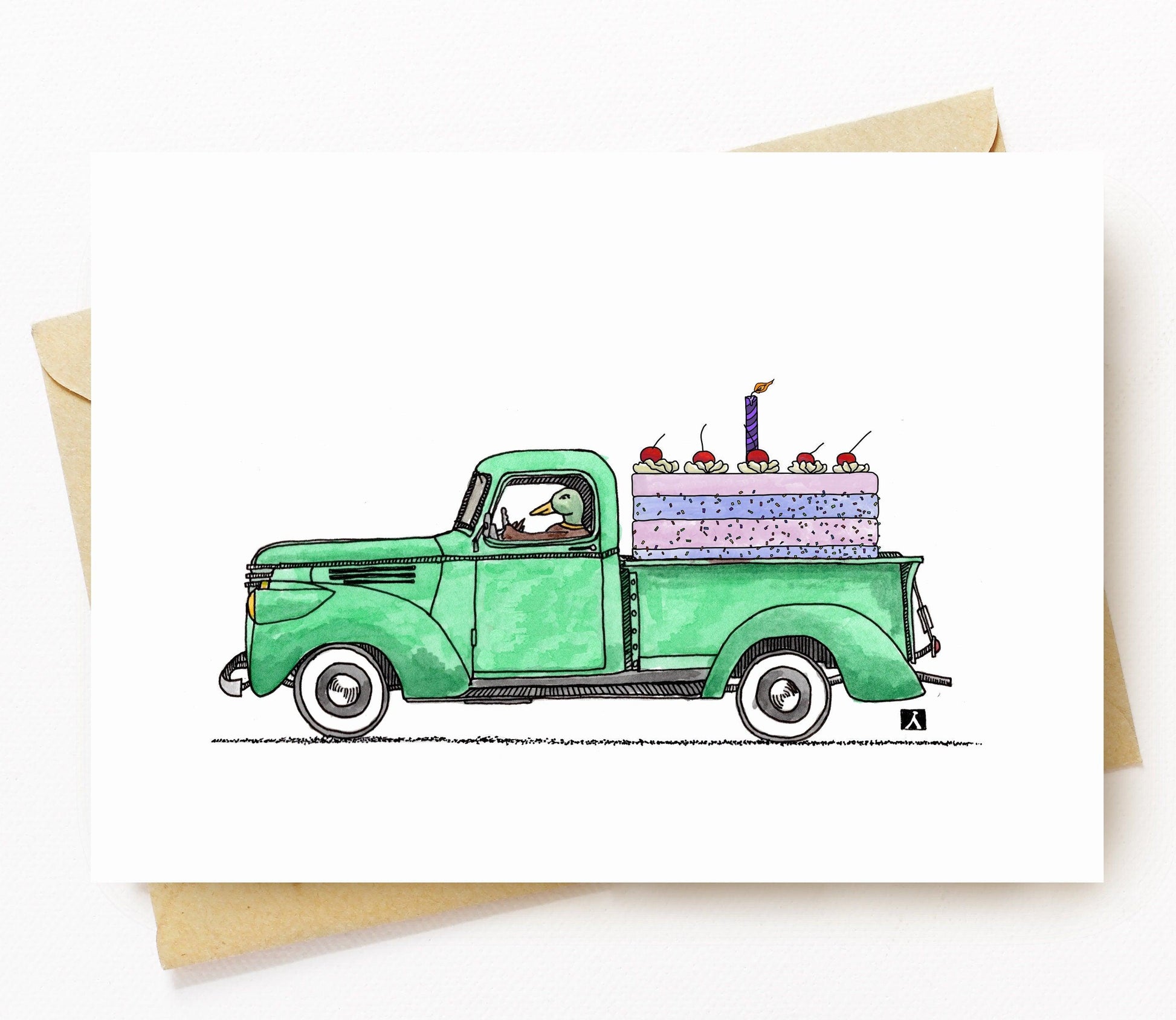 BellavanceInk: Birthday Card With Duck In A Truck Hauling A Birthday Cake Pen & Ink Watercolor Illustration 5 x 7 Inches - BellavanceInk