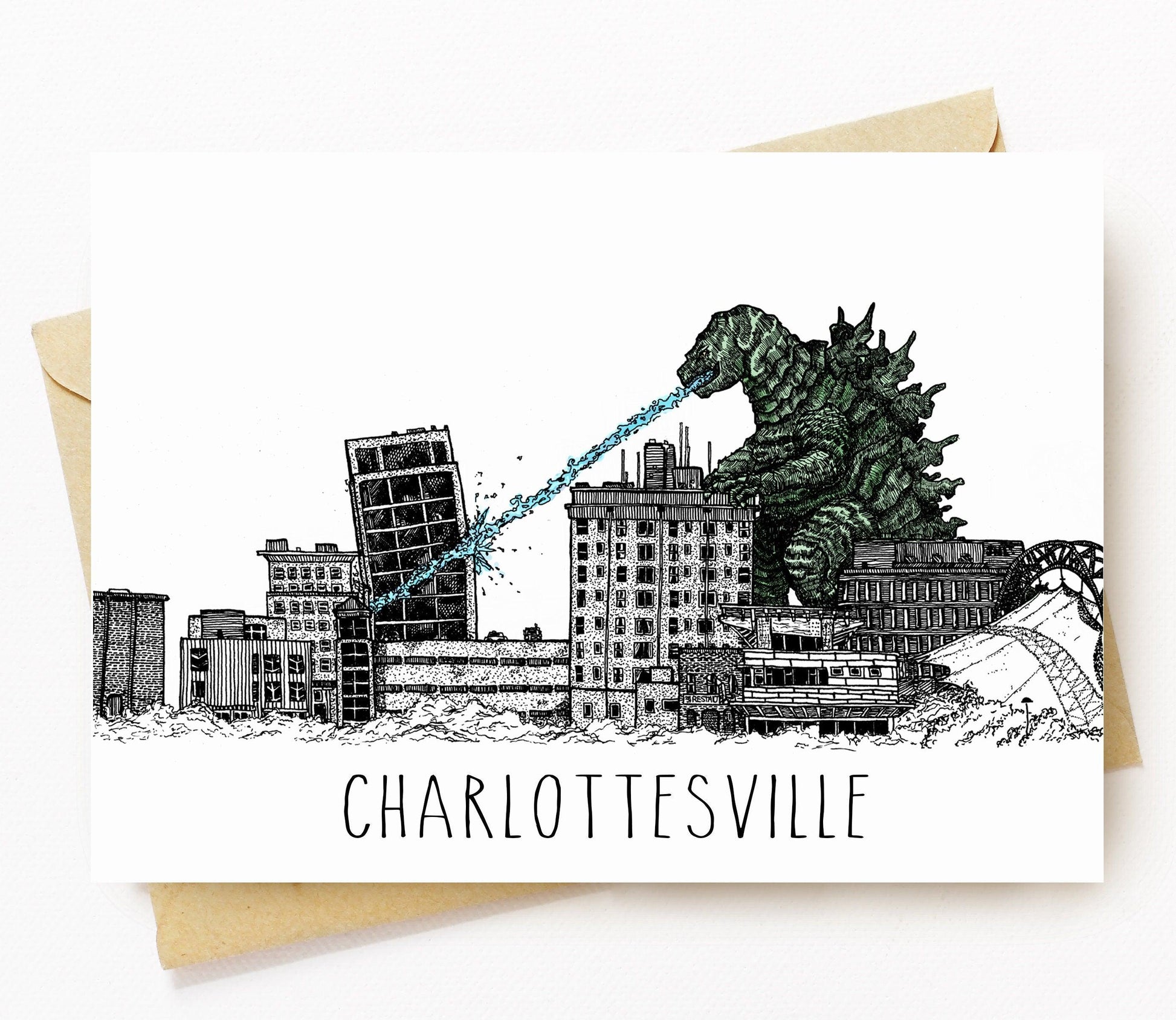 BellavanceInk: Greeting Card With A Pen & Ink Drawing Of Large Monster Attacking the Abandoned Landmark Hotel  5 x 7 Inches - BellavanceInk