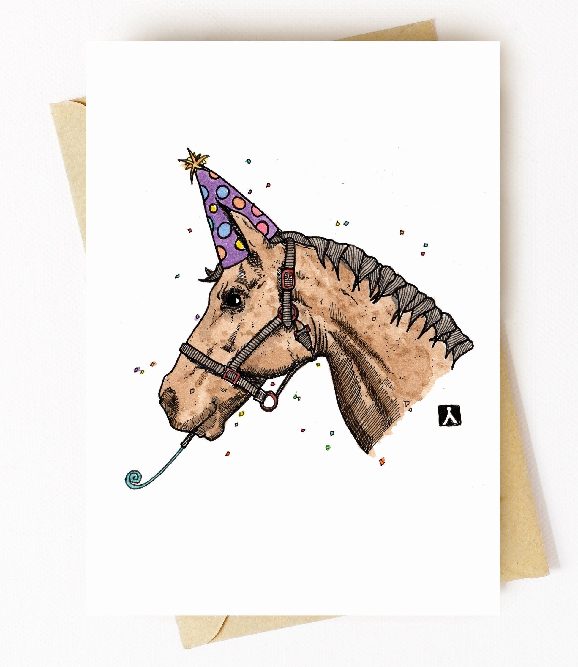 BellavanceInk: Birthday Card With Horse Ready For A Party Pen & Ink Watercolor Illustration 5 x 7 Inches - BellavanceInk