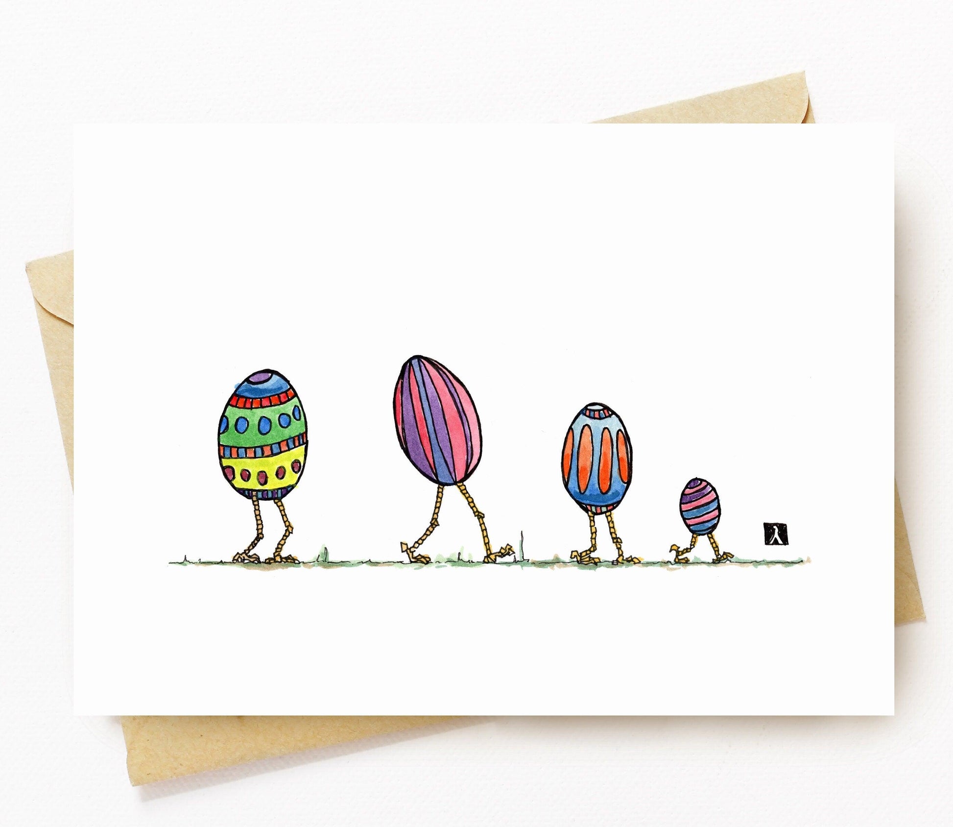 BellavanceInk: Greeting Pen & Ink/Watercolor Easter Card With Walking Easter Egg Family 5 x 7 Inches - BellavanceInk