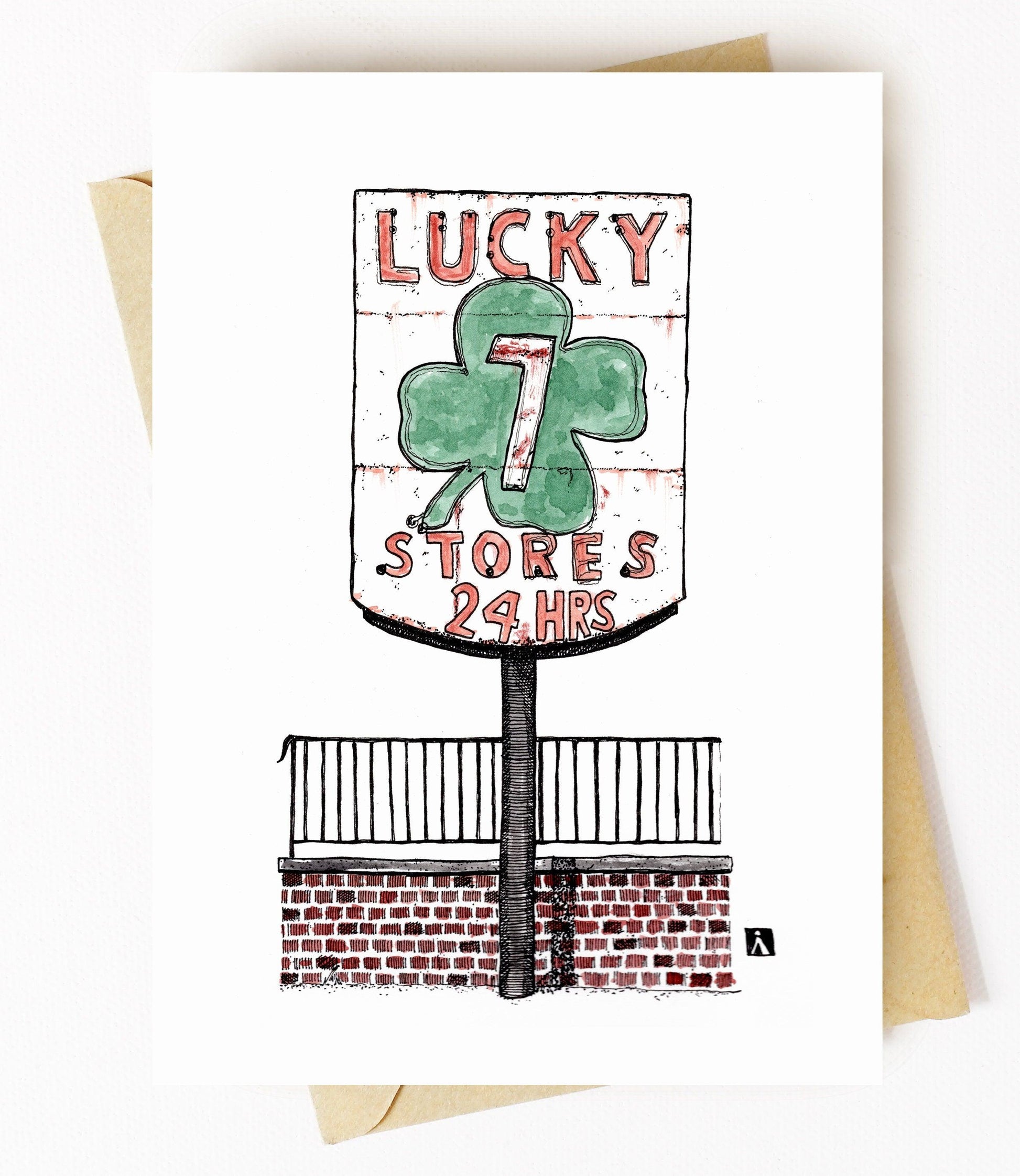 BellavanceInk: Greeting Card With Vintage Lucky Seven Stores Neon Sign in Charlottesville 5 x 7 Inches - BellavanceInk