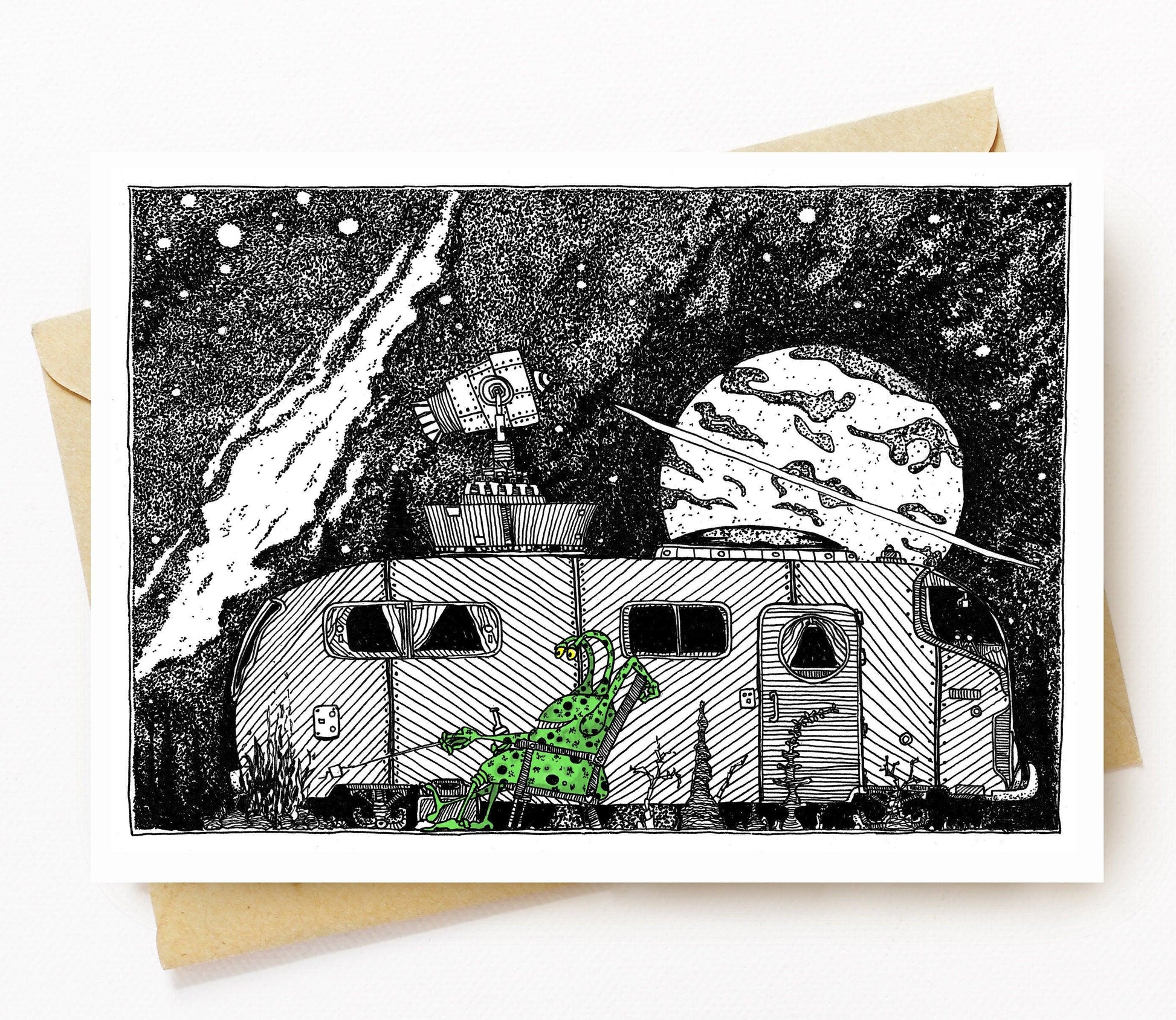 BellavanceInk: Greeting Card With An Alien And His UFO Camper on Holiday Vacation 5 x 7 Inches - BellavanceInk