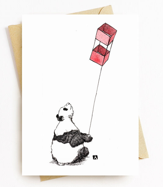 BellavanceInk: Greeting Card With A Pen & Ink Drawing Of A Panda Bear Flying A Red Box Kite 5 x 7 Inches - BellavanceInk