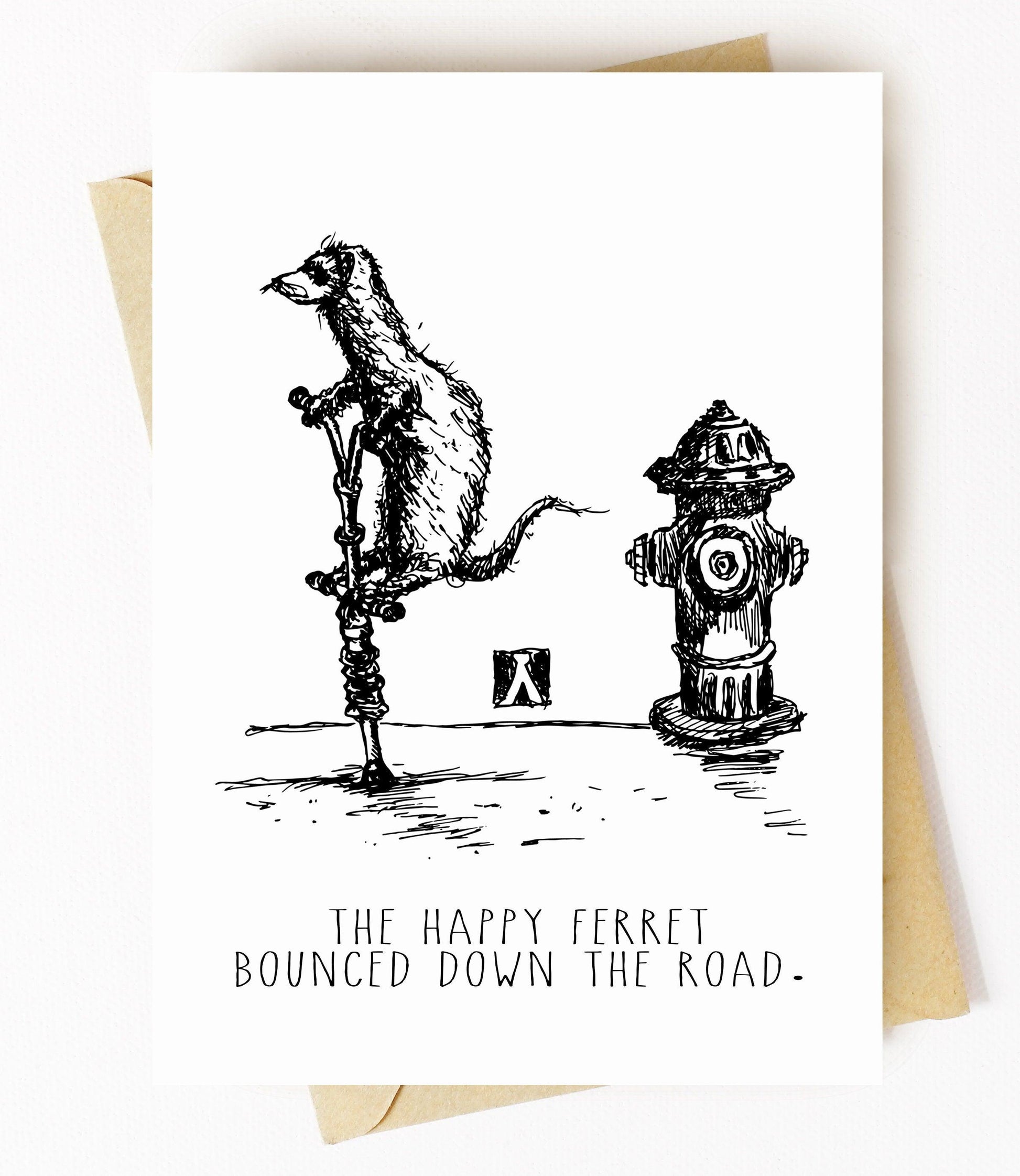 BellavanceInk: Greeting Card With Graphic Drawing of A Ferret Weasel On A Pogo Stick 5 x 7 Inches - BellavanceInk