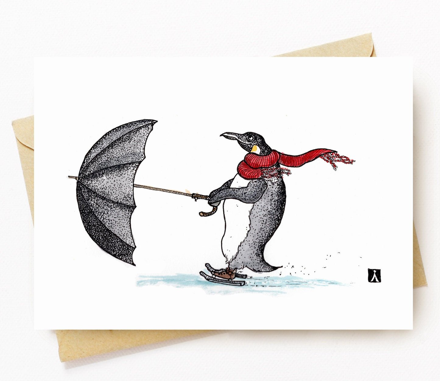 BellavanceInk: Greeting Card With Pen & Ink Drawing of Penguin Being Pulled On Ice Skates Using An Umbrella 5 x 7 Inches - BellavanceInk