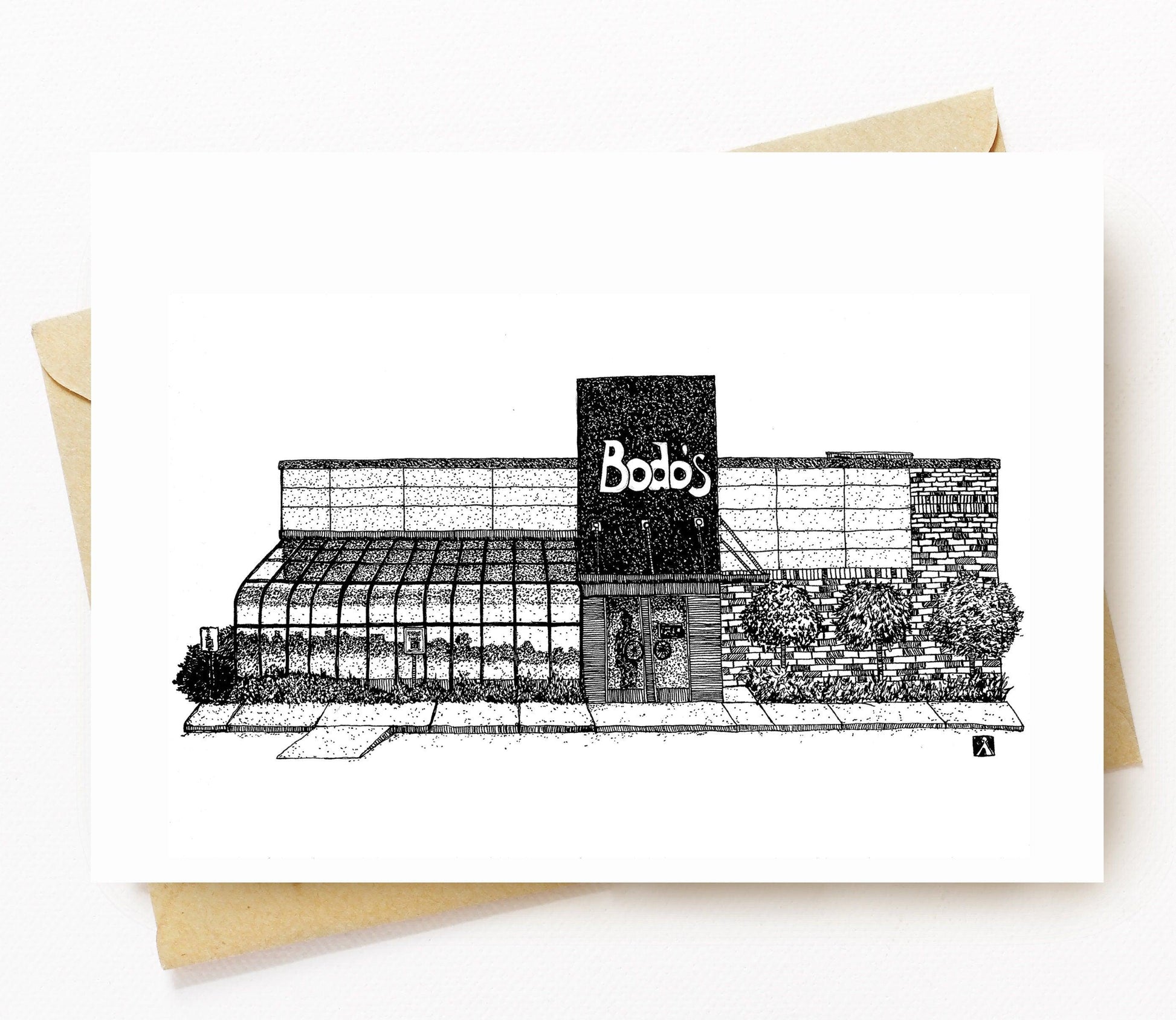 BellavanceInk: Greeting Card With A Pen & Ink Drawing Of Bodos Bagels Restaurant In Charlottesville 5 x 7 Inches - BellavanceInk