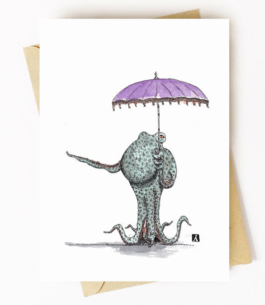 BellavanceInk: Greeting Card With A Pen & Ink Drawing of an Octopus Holding An Umbrella Parasol 5 x 7 Inches - BellavanceInk