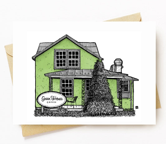 BellavanceInk: Greeting Card With A Pen & Ink Drawing Of Greenhouse Coffee Shop In Crozet 5 x 7 Inches - BellavanceInk