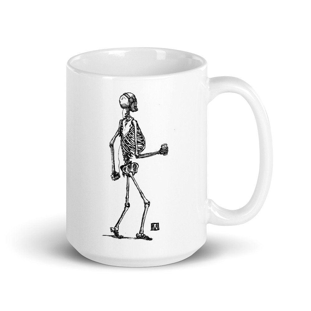 BellavanceInk: Coffee Mug With Skeleton Strolling Down The Street Grooving To Some Tunes While Drinking Its Coffee - BellavanceInk