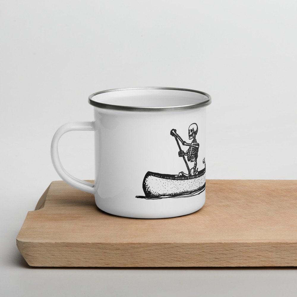 BellavanceInk: Enamel Coffee Mug With Pen & Ink Drawing Of Skeleton Family In A Canoe Hand Wash Only - BellavanceInk