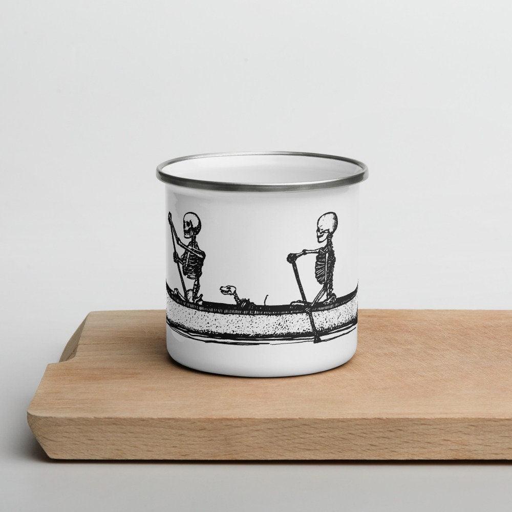 BellavanceInk: Enamel Coffee Mug With Pen & Ink Drawing Of Skeleton Family In A Canoe Hand Wash Only - BellavanceInk