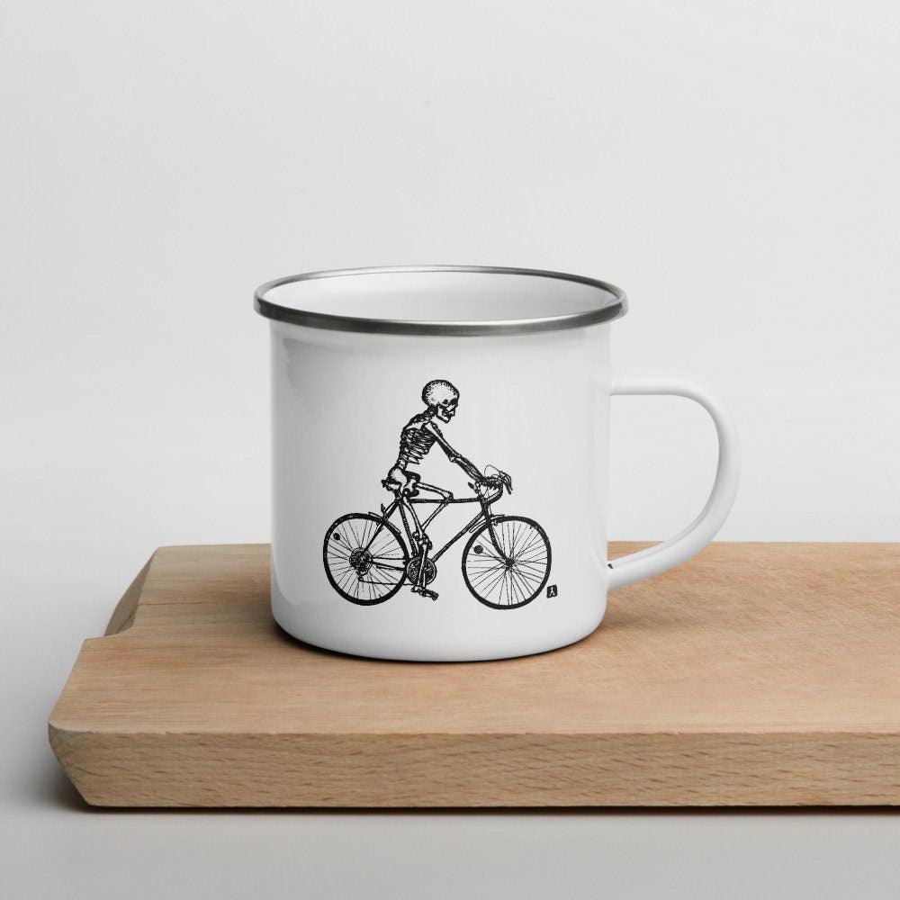 BellavanceInk: 12 oz Enamel Coffee Mug With Pen & Ink Drawing Of A Skeleton Riding Their Bike Hand Wash Only - BellavanceInk