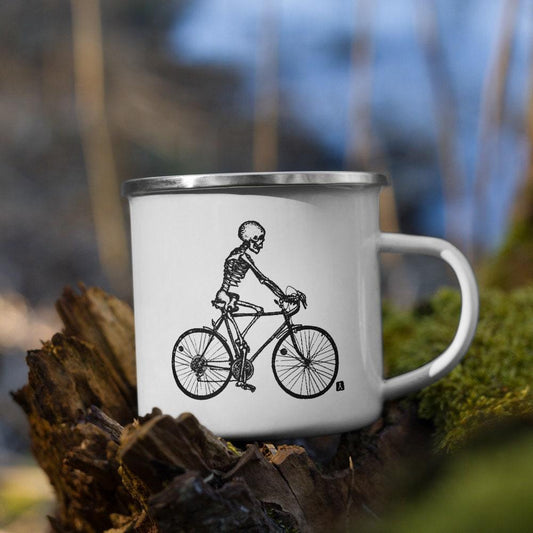 BellavanceInk: 12 oz Enamel Coffee Mug With Pen & Ink Drawing Of A Skeleton Riding Their Bike Hand Wash Only - BellavanceInk