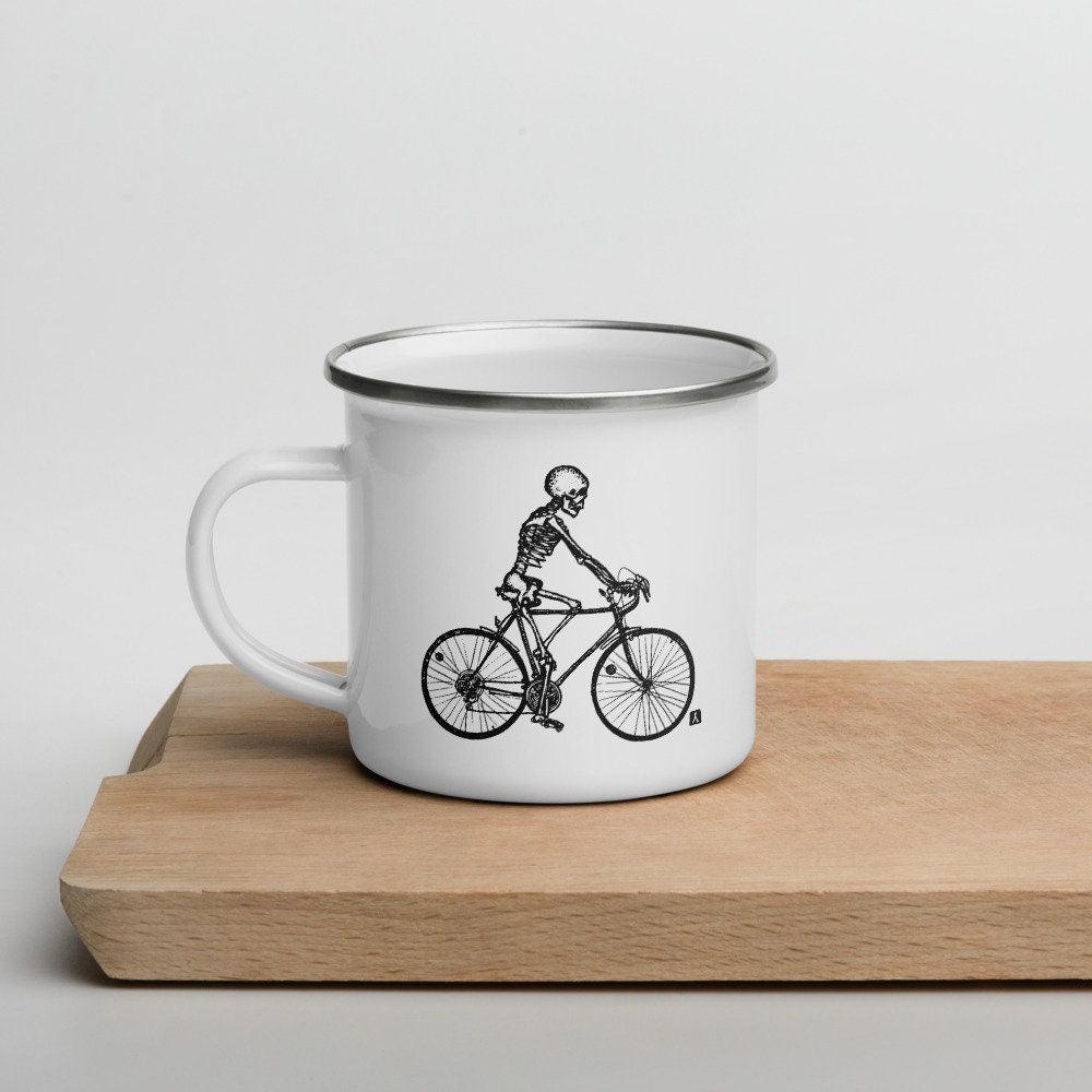 BellavanceInk: 12 oz Enamel Coffee Mug With Pen & Ink Drawing Of A Skeleton Riding Their Bike Hand Wash Only - BellavanceInk