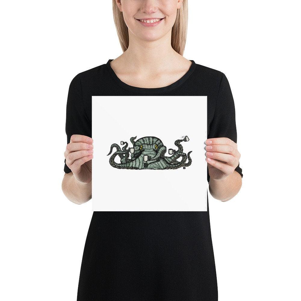 BellavanceInk: Limited Print Pen & Ink/Watercolor Sketch of a Octopus With Multiple Cups of Coffee - BellavanceInk