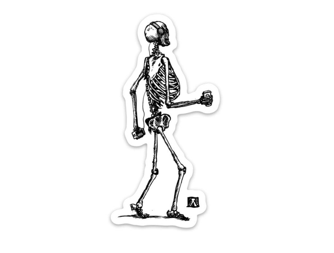 BellavanceInk: Skeleton Grooving Down The Street Listening To Music and Drinking A Coffee Vinyl Sticker Hand Drawn Illustration - BellavanceInk