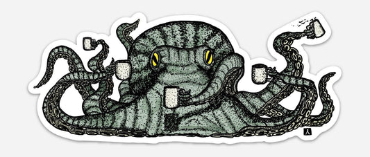 BellavanceInk: Octopus With Mugs Of Coffee Vinyl Sticker Pen and Ink Illustration - BellavanceInk