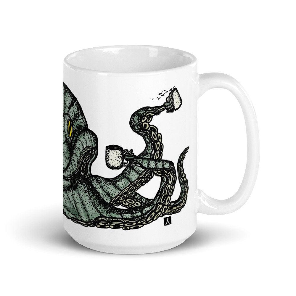 BellavanceInk: Octopus With Multiple Coffee Mugs Pen & Ink Watercolor Illustration On A Coffee Mug - BellavanceInk