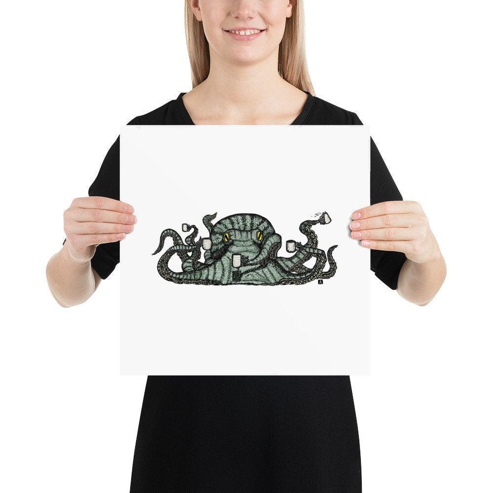 BellavanceInk: Limited Print Pen & Ink/Watercolor Sketch of a Octopus With Multiple Cups of Coffee - BellavanceInk