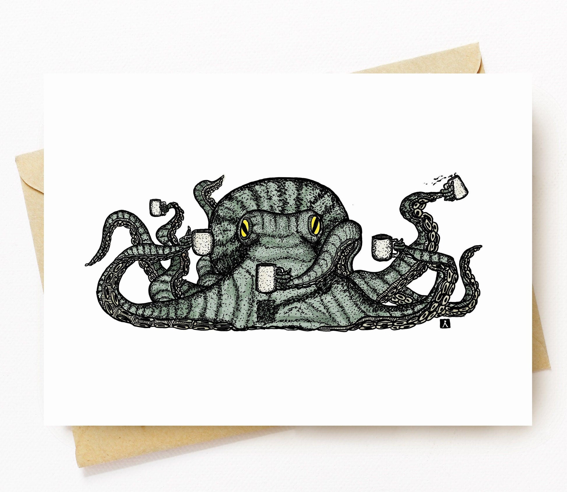 BellavanceInk: Greeting Card With Octopus With Multiple Cups Of Coffee 5 x 7 Inches - BellavanceInk