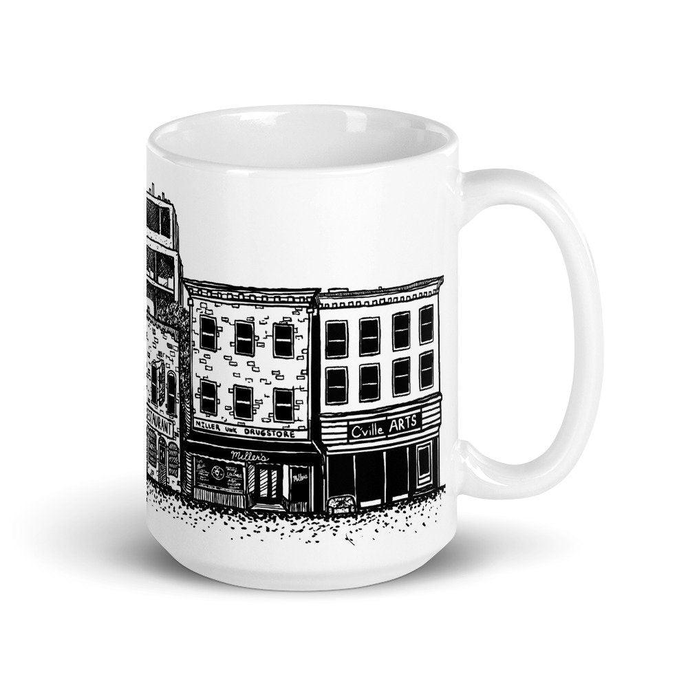 BellavanceInk: Coffee Mug With Pen & Ink Sketch Of Downtown Charlottesville Popular Shops - BellavanceInk