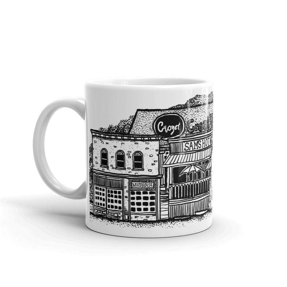 BellavanceInk: Coffee Mug With Pen & Ink Sketch Of Downtown Crozet Popular Shops - BellavanceInk