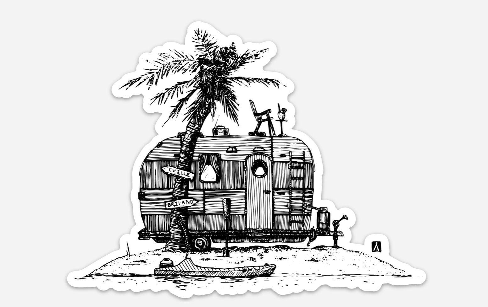 BellavanceInk: Vintage Trailer On A Deserted Island Vinyl Sticker Pen and Ink Illustration - BellavanceInk