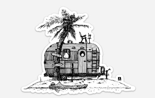 BellavanceInk: Vintage Trailer On A Deserted Island Vinyl Sticker Pen and Ink Illustration - BellavanceInk