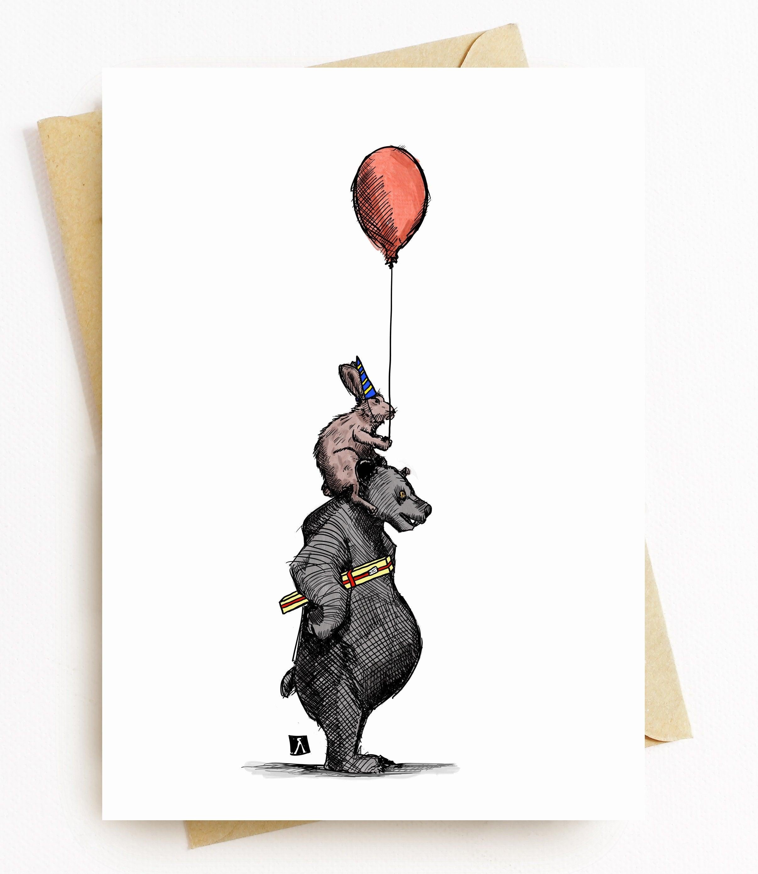 BellavanceInk: Birthday Card With Bear And Rabbit Ready To Party Pen & Ink Watercolor Illustration 5 x 7 Inches