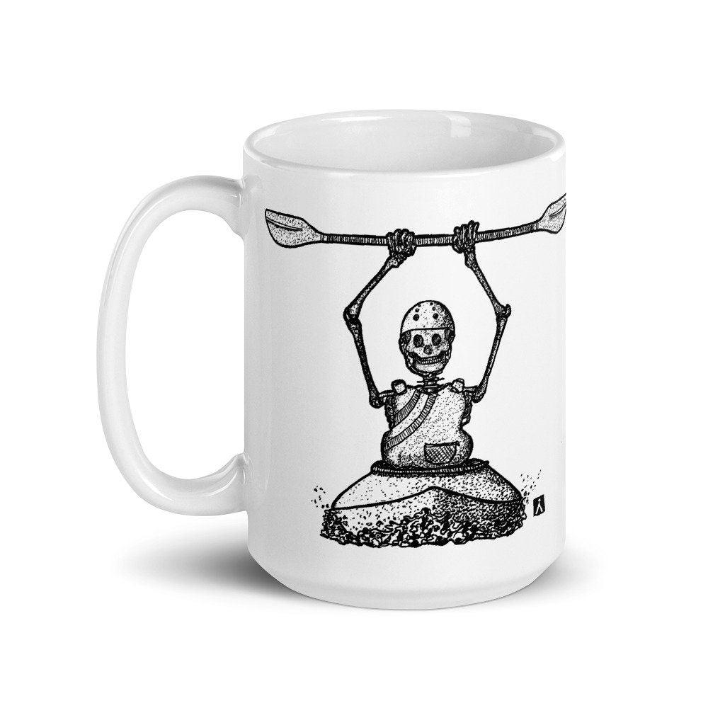 BellavanceInk: Coffee Mug With Pen & Ink Drawing Of Grim Reaper Skeleton Whitewater Kayaking Down The River Styx - BellavanceInk