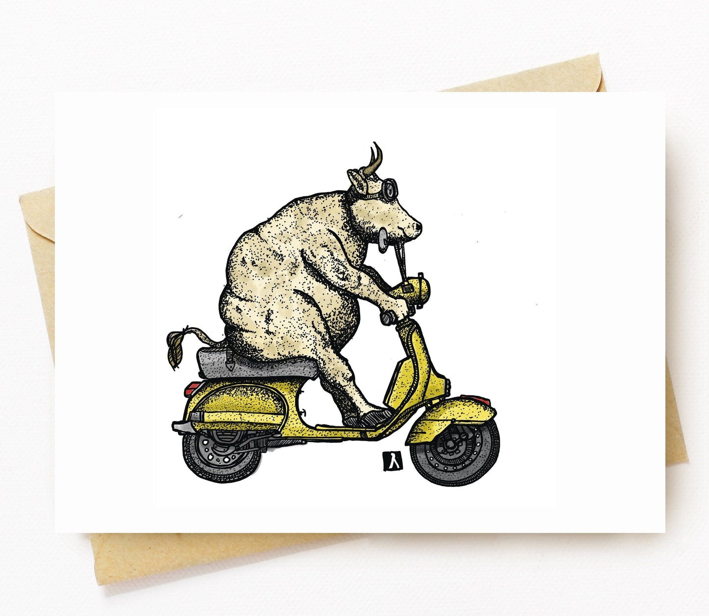 BellavanceInk: Greeting Card With Cow Riding A Vintage Scooter 5 x 7 Inches - BellavanceInk