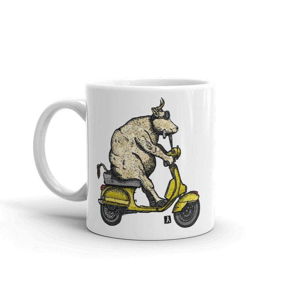 BellavanceInk: Cow Riding A Vintage Scooter White Coffee Mug - BellavanceInk