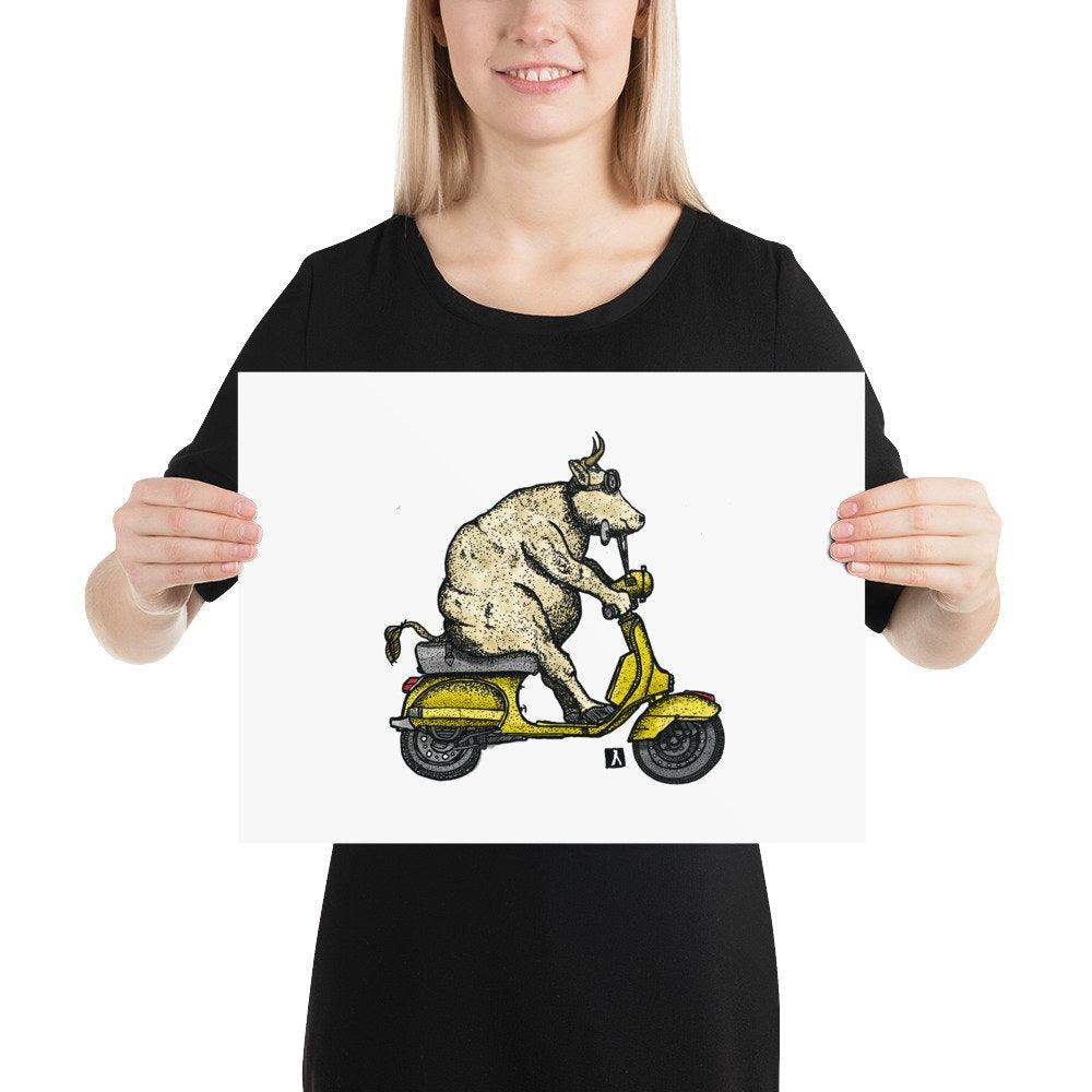 BellavanceInk: Pen & Ink/Watercolor Cow Riding A Vintage Scooter Limited Print - BellavanceInk