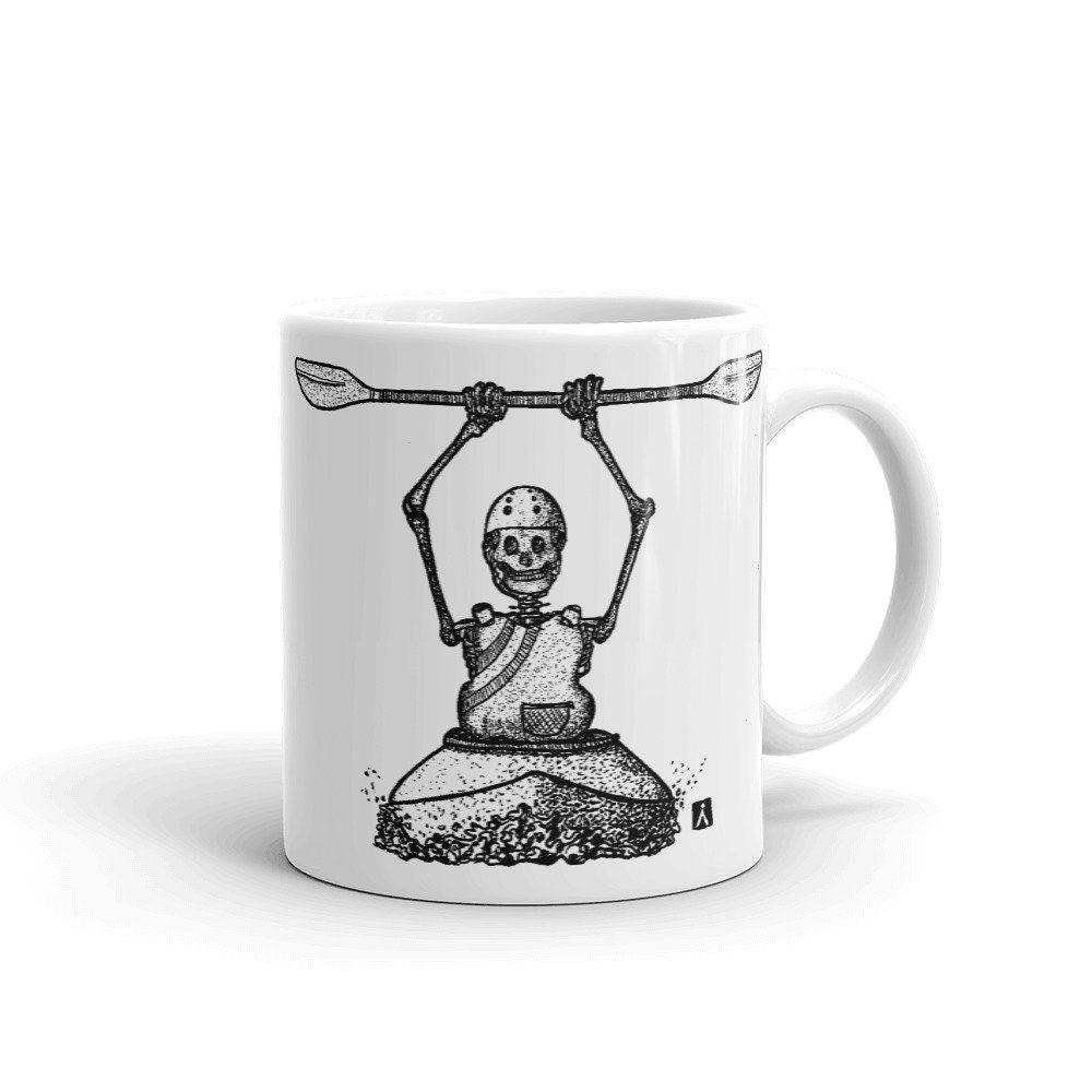 BellavanceInk: Coffee Mug With Pen & Ink Drawing Of Grim Reaper Skeleton Whitewater Kayaking Down The River Styx - BellavanceInk