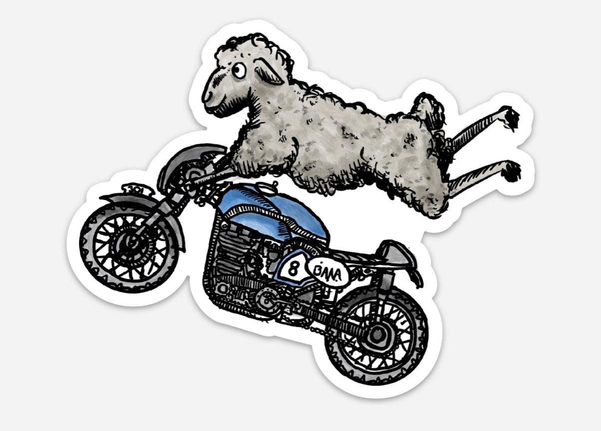 BellavanceInk: Sheep On A Cafe Racer Motorcycle Vinyl Sticker Illustration - BellavanceInk