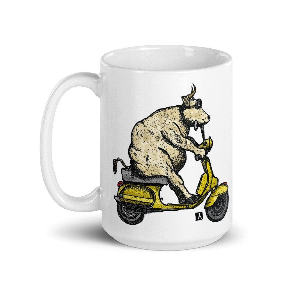 BellavanceInk: Cow Riding A Vintage Scooter White Coffee Mug - BellavanceInk