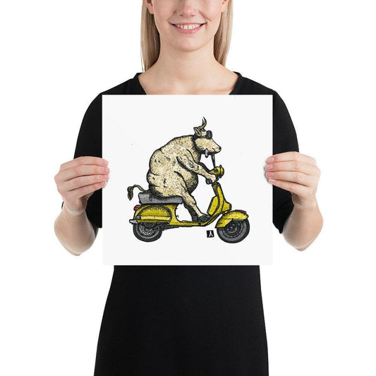 BellavanceInk: Pen & Ink/Watercolor Cow Riding A Vintage Scooter Limited Print - BellavanceInk