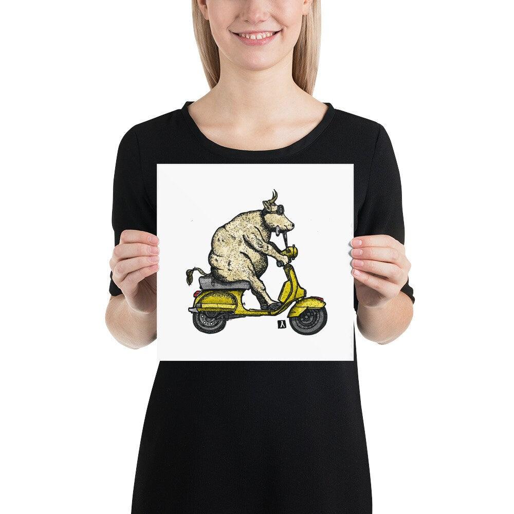 BellavanceInk: Pen & Ink/Watercolor Cow Riding A Vintage Scooter Limited Print - BellavanceInk