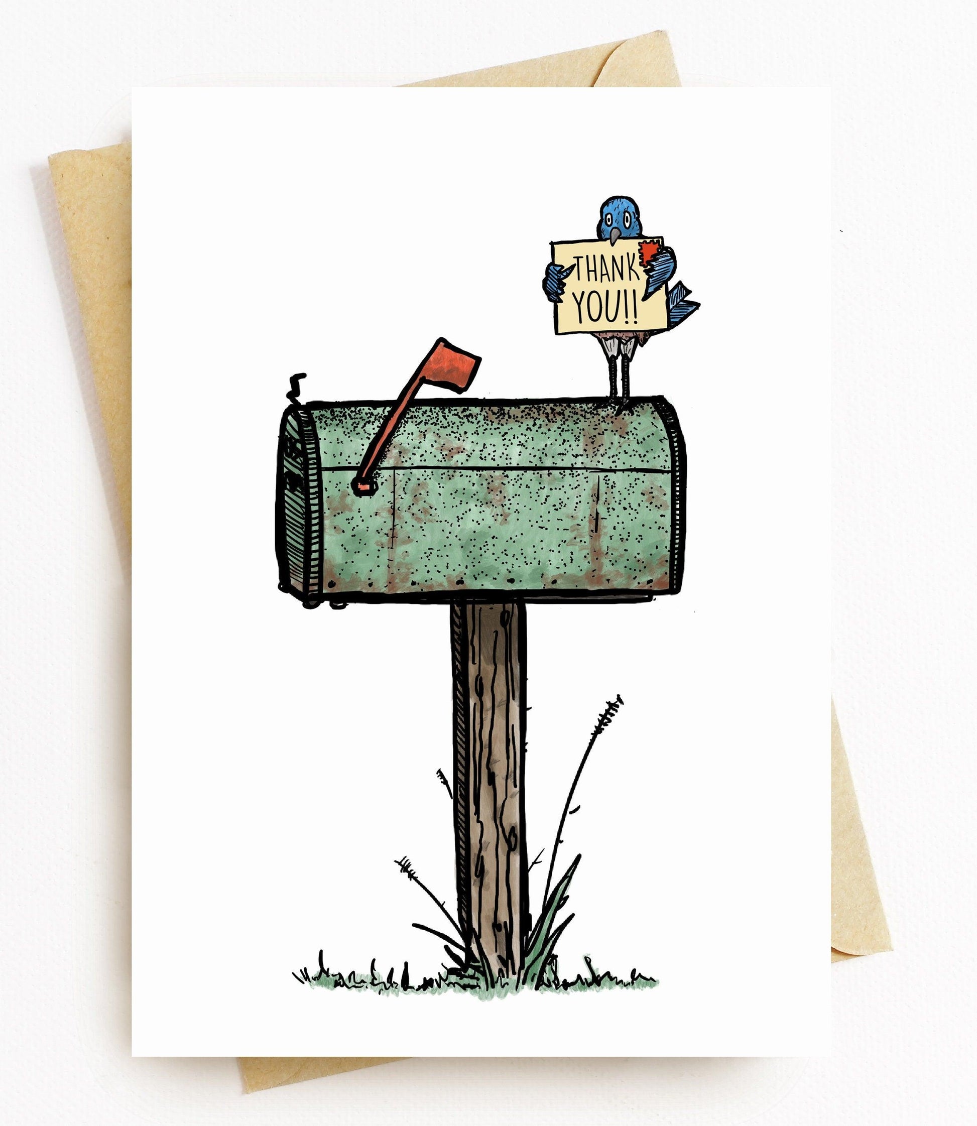 BellavanceInk: Thank You Card With Blue Bird On An Old Mailbox 5 x 7 Inches - BellavanceInk
