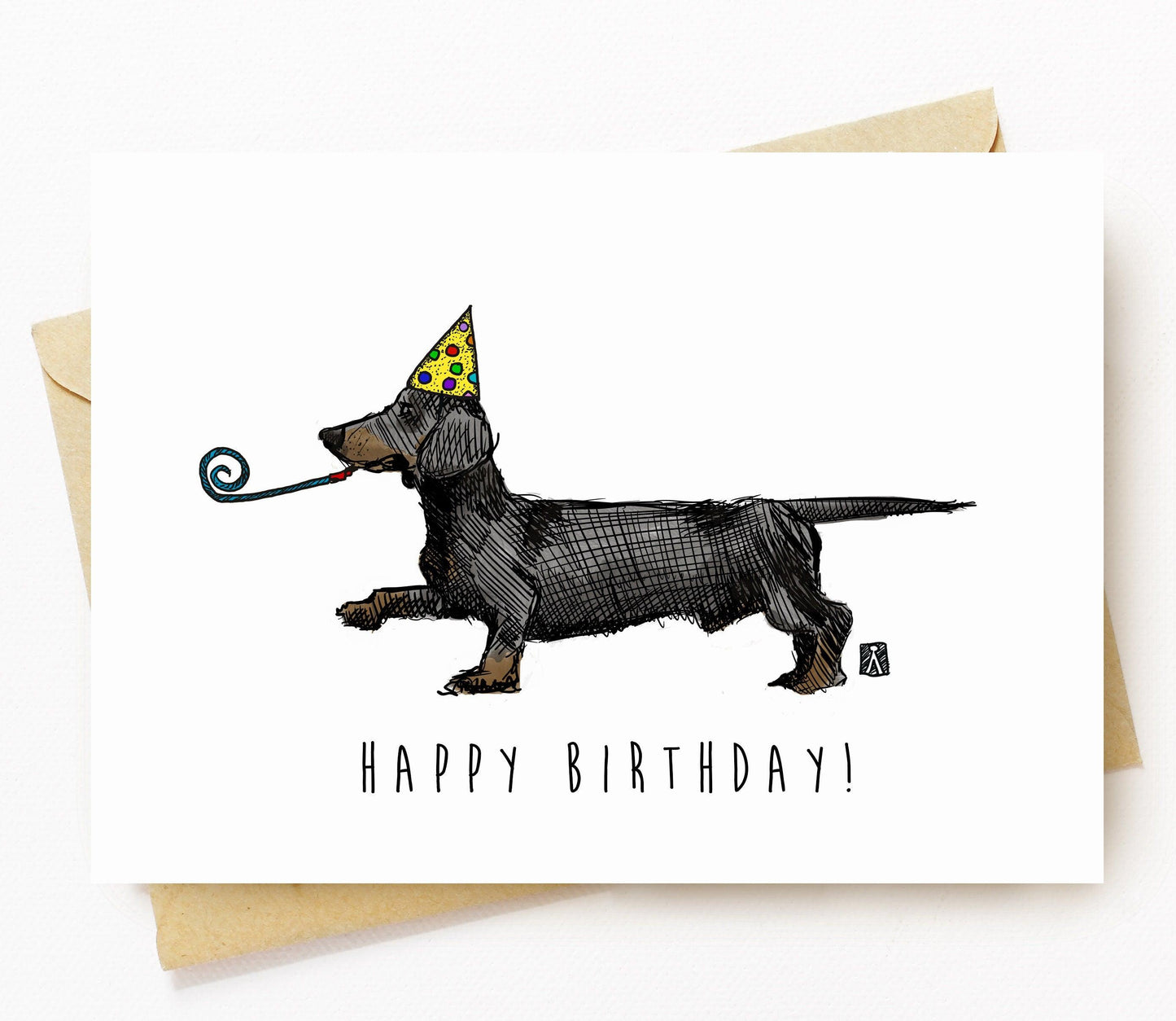 BellavanceInk: Happy Birthday Card With Wiener Dog Dachshund Holding A Birthday Wizzer Graphic 5 x 7 Inches - BellavanceInk