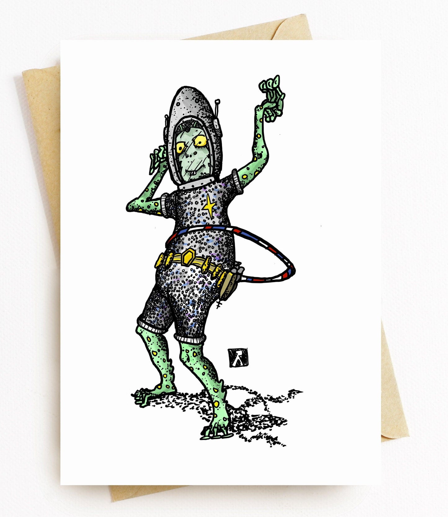 BellavanceInk: Greeting Card With Alien Hula Hooping Pen/Ink/Watercolor Illustration - BellavanceInk