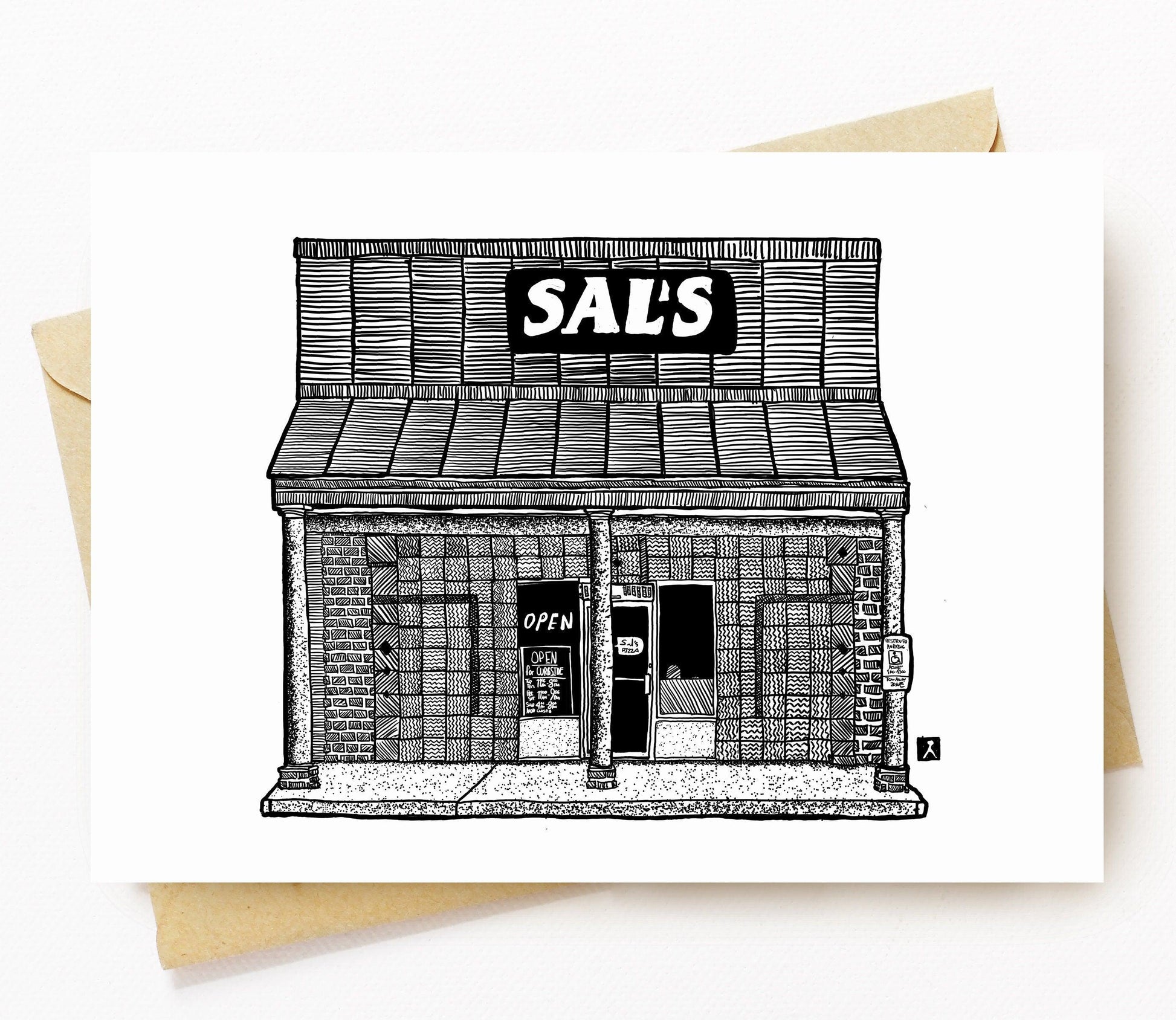 BellavanceInk: Greeting Card With A Pen & Ink Drawing Of Sal's Pizza In Crozet Pizza 5 x 7 Inches - BellavanceInk