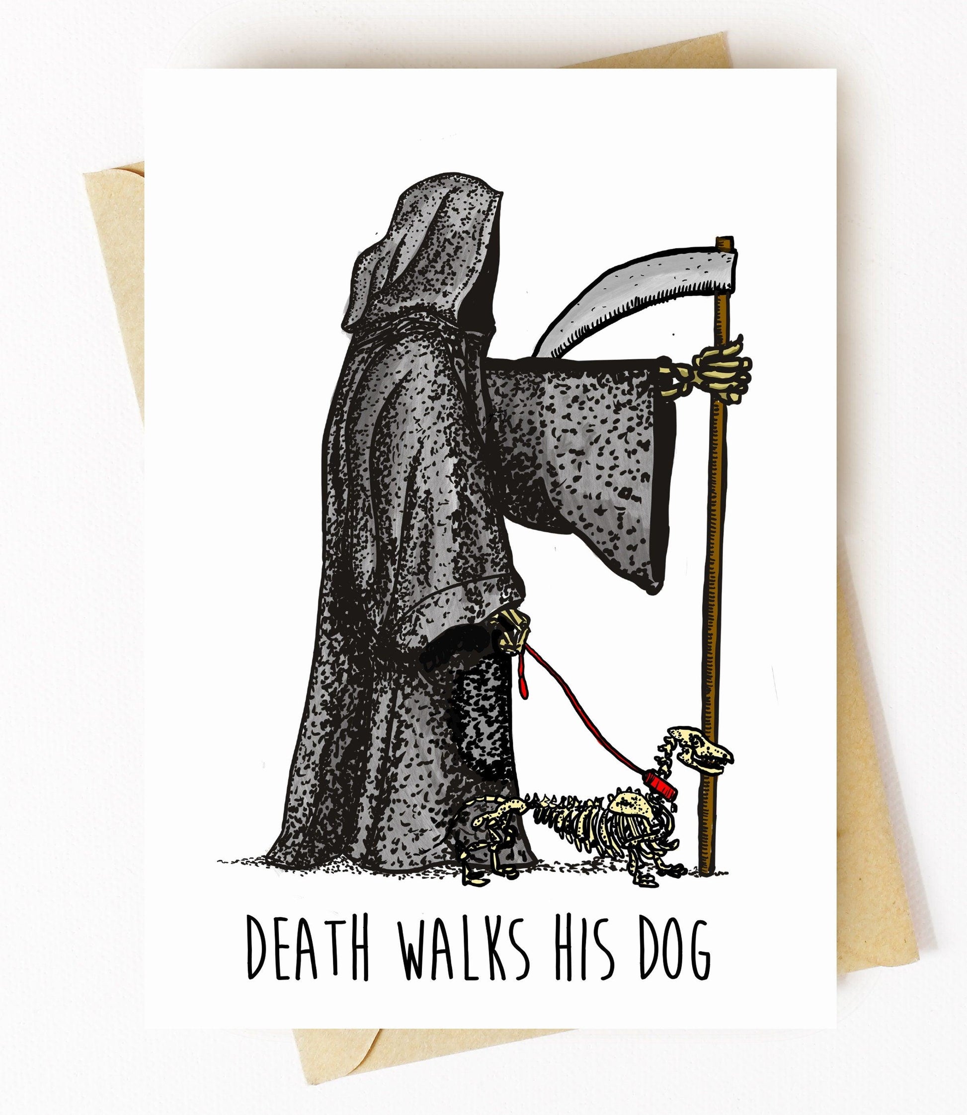 BellavanceInk: Greeting Card With A Pen & Ink Drawing With Watercolor of the Grim Reaper Walking His Dog 5 x 7 Inches - BellavanceInk