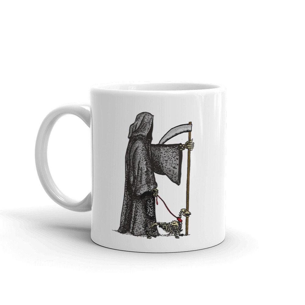 BellavanceInk: White Coffee Mug With The Grim Reaper Walking His Dog - BellavanceInk