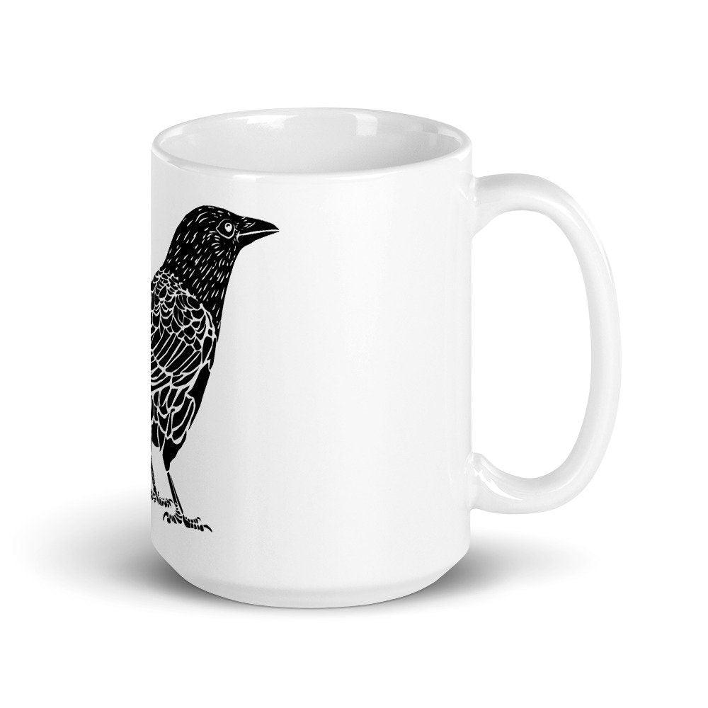 BellavanceInk: Coffee Mug With A Crow Illustration Wood Cut Style Graphic - BellavanceInk