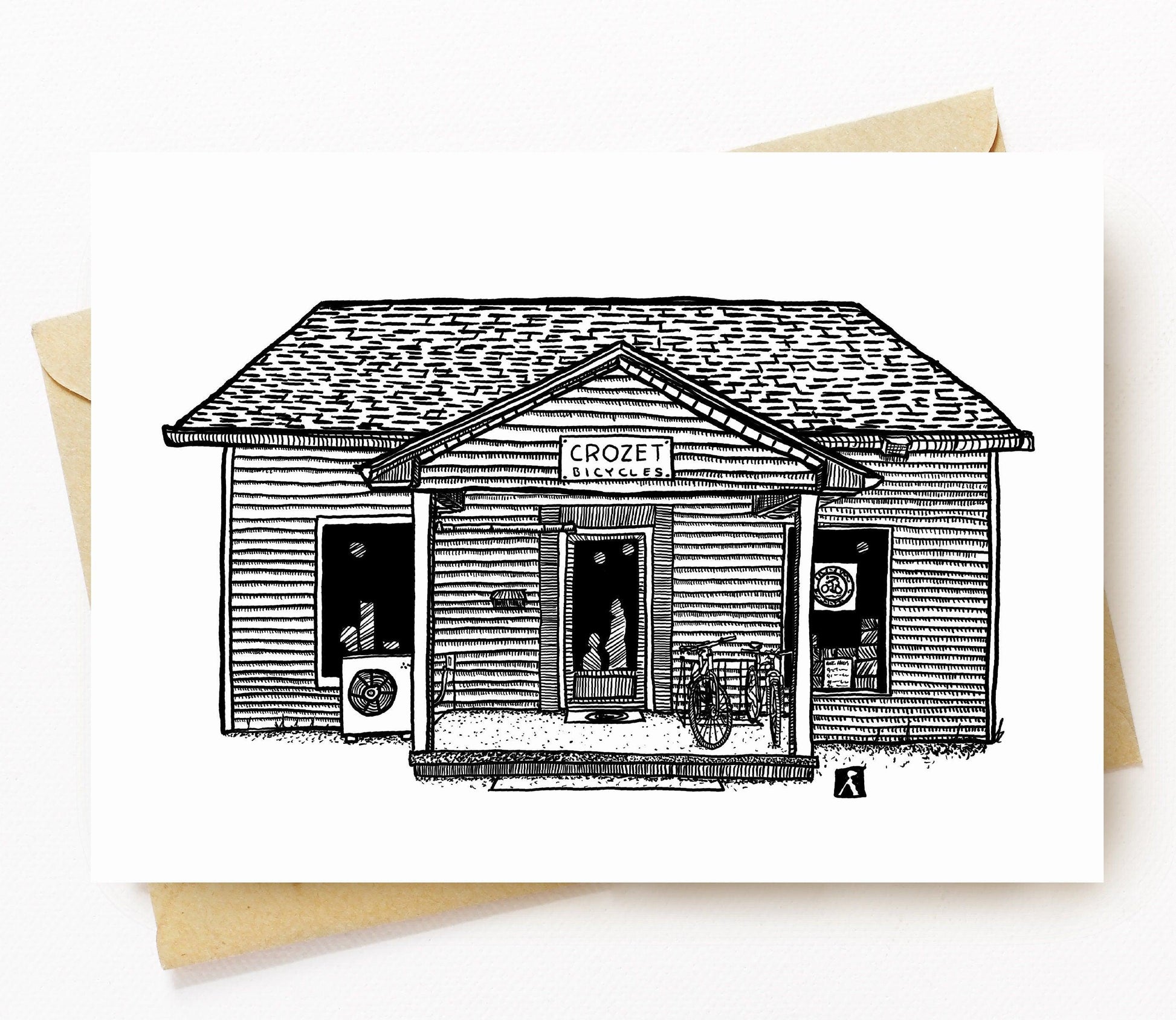 BellavanceInk: Greeting Card With A Pen & Ink Drawing Of Crozet Bicycles Shop 5 x 7 Inches - BellavanceInk