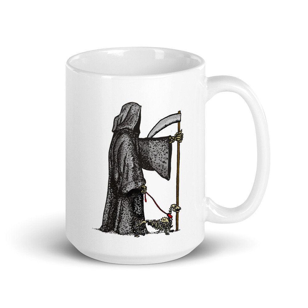 BellavanceInk: White Coffee Mug With The Grim Reaper Walking His Dog - BellavanceInk